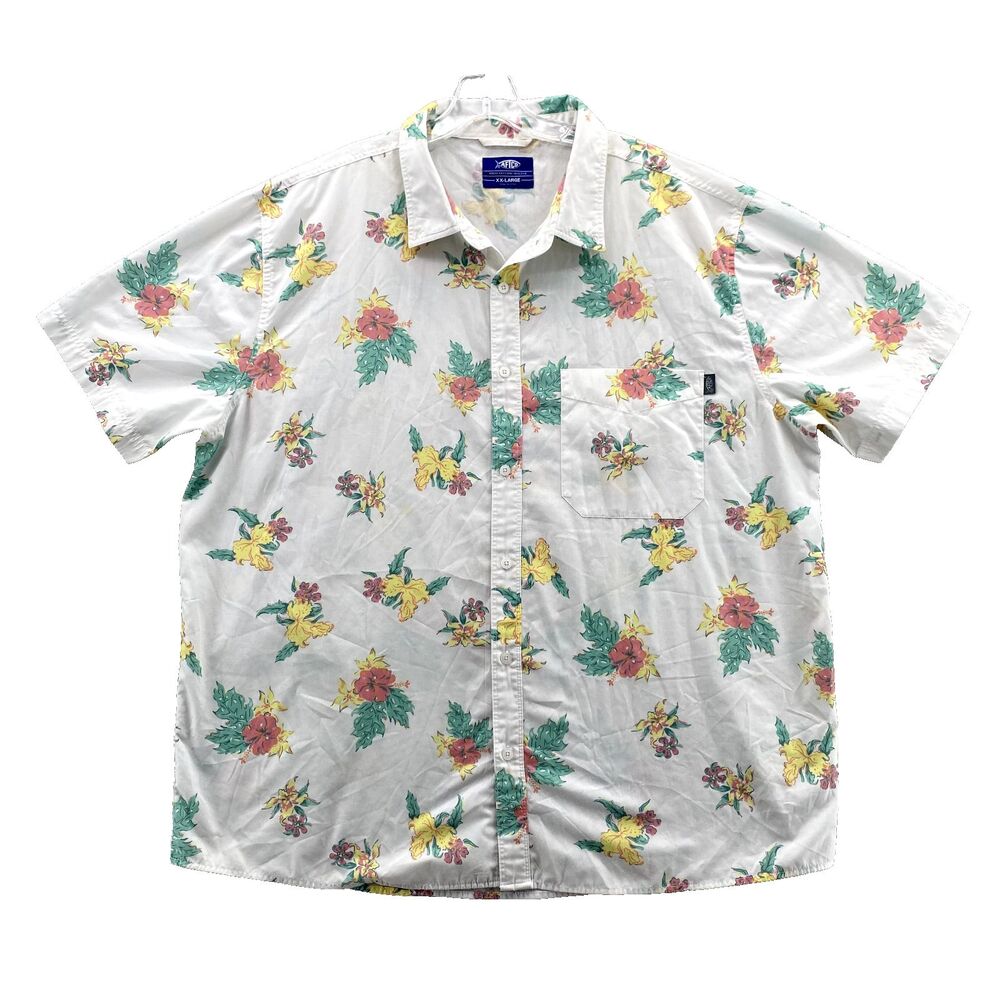 Aftco Shirt XX-Large White Floral Hawaiian Fishing Short Sleeve Button Down Mens